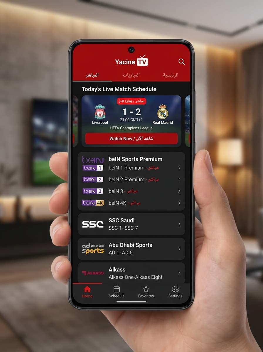 قائمة قنوات تطبيق ياسين تيفي Yacine TV Live واجهة تطبيق ياسين تيفي Yacine TV APK - قائمة قنوات بي ان سبورت beIN Sports و SSC وجدول مباريات اليوم بث مباشر